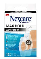 Nexcare Max Hold waterdichte pleisters, verschillende maten, 12 pleisters per verpakking, ademende en waterdichte pleisters voor kleine wonden, krassen, pleisters voor EHBO-kits