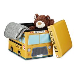 Relaxdays Armazenamento de brinquedos autocarro escolar, pele sintética, amarelo, 32 x 48 x 32 cm