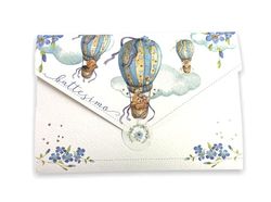 LINA OFFICINE GRAFICHE CREATIVE Tarjeta de bautizo para bebé, regalo de bautizo para madrina y padrino, con bolsa de dinero, etiqueta cierre de sobre, 11 x 16 cm (globo aerostático, azul), 96-403