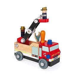 Janod - Brico'Kids Wooden Fire Truck, Fsc Certified - Construction Set - with 2 Firemen - 45 Pieces, Easy to Build - Wooden Toy for Children - from 3 Years Old, J06469