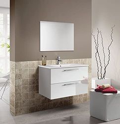 Dmora - Meuble de comptoir Inglewood, Meuble de salle de bain suspendu, Armoire avec 2 tiroirs et miroir, cm 80x45h57, Blanc brillant