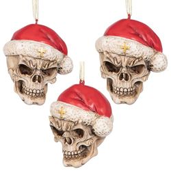 Julgransprydnad – döskalle jultomten med jultomtemössa skelettfigur högtidsprydnader: Uppsättning av tre – juldekorationer