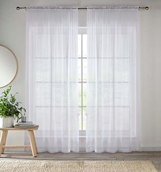 Förbättrade levande vita voile-gardiner för vardagsrumspanelpar – 57 breda x 60 fall – vanligt vävt spår topp genomskinliga gardiner (145 x 152 cm