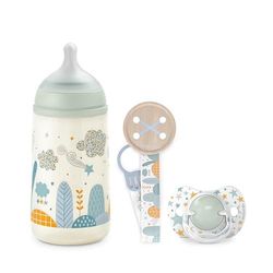 Suavinex, Pack Bebé Recién Nacido, Regalo Bebé con: Biberón Anticólico 270 ml de Flujo Medio (M) + Chupete 0/6 Meses + Chupetero de Tela. Para Bebés 0/6 Meses. Tetinas Sx Pro de Silicona, Dreams Verde