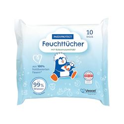 PAEDIPROTECT Toallitas húmedas 1 x 10 unidades, toallitas sensibles al agua para bebés con 99% de agua sin fragancias, para la delicada piel del bebé y los niños, con extracto de coco, sin