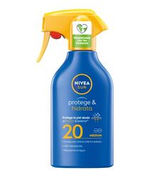NIVEA SUN Protege & Hidrata Spray Solar FP20 (1 x 270 ml), protector hidratante y resistente al agua, crema solar con protección UVA/UVB, protección solar media en formato pistola