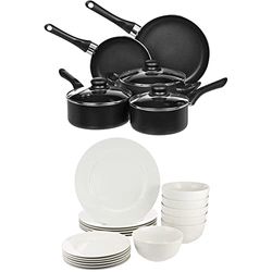 Amazon Basics 8-Piece Non-Stick Cookware Set & 18-Piece Dinnerware Set, Service for 6