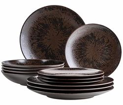 MÄSER Service de table 12 pièces en bronze métallisé pour 4 personnes avec vernis brillant élégant, assiettes plates et assiettes à dessert en céramique de qualité supérieure, grès, marron