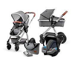 kk Kinderkraft VEO Carrito bebé 3 Piezas, Silla de Paseo, 3 en 1, Carro bebé, para bebés, Capazo, Travel System, Sistema de Viaje, Con accesorios, Góndola, Silla de coche, Plegado, 15 kg, Gris