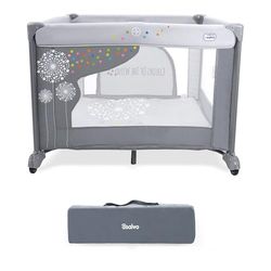 Parque infantil bebé 106 x 106 cm, corredor dobrável com base acolchoada porta frontal e rodas, design robusto e saco de transporte SQUARE dente-de-leão cinzento ASALVO