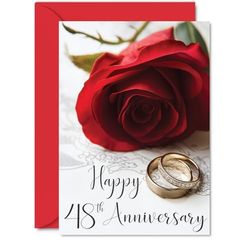 48th Anniversary Card for Women Men - Gold Rings Red Rose - Happy Wedding Anniversary Cards for Mum Dad Brother Sister Auntie Uncle, 5x7 Inch Greeting Cards