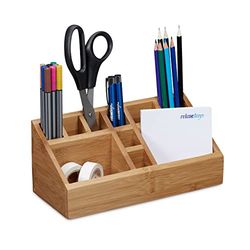 Relaxdays Bamboo Desk Organiser, Pencil Holder, 10 Compartments, Wood Grain, Size: 10 x 23 x 10 cm, Natural Brown