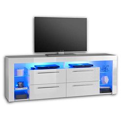 Stella Trading GOAL Armário baixo para TV branco com iluminação LED azul, com muito espaço de armazenamento, adequado para a sua sala de estar, 179 x 67 x 44 cm (largura/altura/profunda)