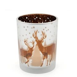 Photophore en Verre avec Motif Hivernal – décor cerf – en Verre, Blanc Mat – doré, Dimensions (H x D) : env. 8 x 7 cm