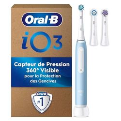 Oral-B Brosse A Dents Electrique iO 3 Bleue, 3 Modes De Nettoyage Dont Blancheur, Brossage Silencieux, Capteur De Pression, 3 Brossettes De Rechange Oral B, Embouts Ronds, Chargeur, En Carton