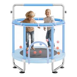 VEVOR Trampoline voor kinderen voor binnen en buiten, mini-trampoline voor peuters met veiligheidsnet en basketbalring, voor kinderen vanaf 3 jaar, 1470 x (1540-1690) mm, blauw