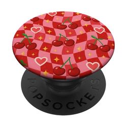 Tablero de ajedrez ondulado retro cerezas PopSockets PopGrip Adhesivo