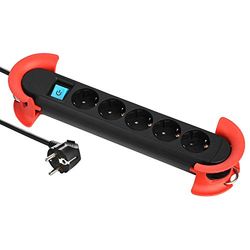 Electraline 62046, Extensão de base profissional de 5 tomadas schuko, cabo de 5 mt, com 2 ganchos para pendurar a base, preto