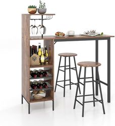 FANTASK Mesa de Bar con 2 taburetes de Bar, Mesa de Bar de Madera para 2 Personas con Soportes en café, mostrador de Cocina para Copas de Vino y Botellas