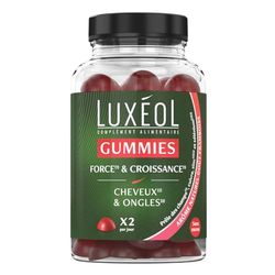LUXÉOL - 60 Gummies Force & Croissance - Complément Alimentaire Cheveux & Ongles - Fortification - Arôme Naturel Framboise - Sans Sucres - Fabriqué En France - Programme 1 Mois