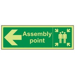 vsafety 17033bj-g segno "Fire Assembly punto freccia a sinistra, Glow in Dark, 1 mm, in plastica, paesaggio, 450 mm x 150 mm, colore: verde