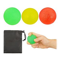 Relaxdays handtrainer bal 3 stuks, knijpballen voor handtraining & stress afbouw, met tasje, 5cm, geel/rood/groen