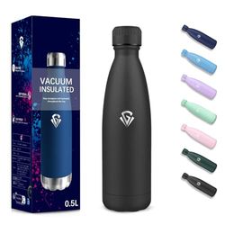 Borraccia Termica, 500 ml Senza BPA, Borraccia, Isolamento Sottovuoto a Doppia Parete, Borracce Acciaio Inox, 304 Acciaio Inossidabile, Bottiglia Termica per Scuola, Viaggi, Jogging, Campeggio - Nero
