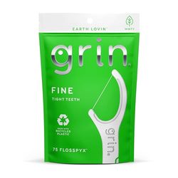 Grin Clean Flosspyx Filo interdentale, 75 pezzi, gusto menta, plastica riciclata, super resistente, per denti stretti, testina più lunga di alta qualità, include scovolino pieghevole sicuro
