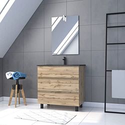 AURLANE Meuble Salle de Bain 80x60 - Finition Chene Naturel + Vasque Noire + Miroir LED - Timber 80 - Pack43