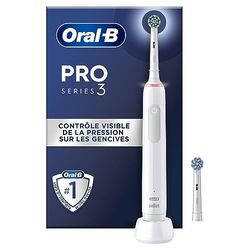 Oral-B Pro 3000 Brosse À Dents Électrique Blanche Pour Adultes, 3 Modes De Nettoyage Avec Blancheur Et Sensibilité Pour Protéger Les Gencives, 2 Brossettes Crossaction De Rechange, 1 Chargeur