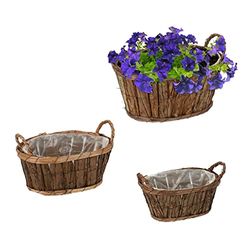 Relaxdays bloempot set van 3, ovaal, voor bloemen & planten, binnenpotten met folie, andere groottes, hout, natuur
