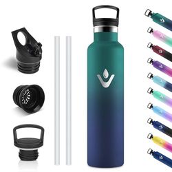 Vikastar Stainless Steel Drinking Bottle, Thermos Flask, 1 Litre, BPA-Free Drinking Bottle, Thermos Bottle with Straw, Drinking Bottle for School, Sports, Bike, Camping, Dark Green & Dark Blue