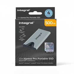 Integral SlimXpress Pro 500 GB Extern SSD: Supersnabb 2 000 MB/s läs/skriva, USB och USB-C 3.2 Gen 2x2, kompakt aluminiumdesign, Plug & Play. Mac, PC, Android, XBOX, PlayStation-kompatibel.