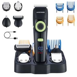 BarberBoss Men’s Hair Clippers, Beard Grooming Kit for Men, Ear & Nose Hair Trimmer for Men, Precision Dial, Ceramic Blade, 4 Guide Combs, Waterproof, LED Display