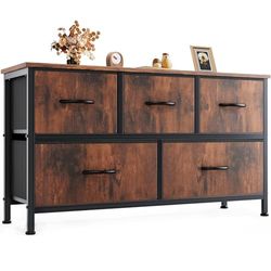 DUMOS Cómoda con cajones, cómoda y aparador para Dormitorio, Armario de Cocina con 5 cajones, cómoda de Tela con Marco de Acero Estable, Ideal para Dormitorio, salón (Color Madera)