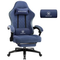 GTPLAYER Chaise de Gaming en Tissu avec Coussin à Ressorts ensachés, pivotante, Ergonomique, avec Repose-Pieds - Charge maximale : 150 kg - Bleu foncé