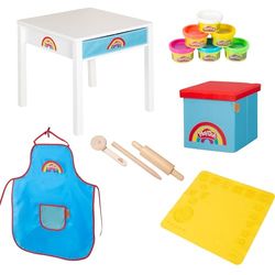roba x Play-Doh Table de Bricolage avec Tabouret - Set de Jeu en Bois Certifié FSC avec 6 Pots de Pâte à Modeler, Outils en Bois, Tapis Créatif 3D, Tablier et Boîte de Rangement - Dès 3 Ans