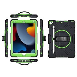 iPad 9.7 2017 2018/Pro9.7/Air2 generationen fodral med skärmskydd pennhållare kickstand 360 vridbar handledsrem handledsrem stativ robust skyddsfodral (grön)