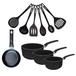 Fackelmann 9432350 Set 1 poêle 16 cm, 3 casseroles antiadhésives revêtement céramique et 6 ustensiles, poêle sans PFAS, tous feux, induction, Aluminium, RPET, Noir, Vert, 16 18 et 20 cm