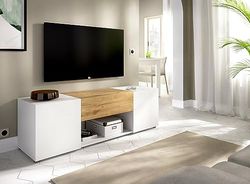 Dmora - Mobile porta TV Ario, Credenza bassa da soggiorno, Madia da salotto per televisione, 138x35h45 cm, Bianco e Rovere Nodi