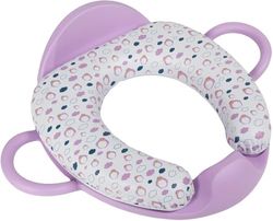 Reductor de inodoro blando para niños de color lila, con dos asas, un respaldo y un asiento grande, lavable y reutilizable