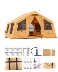 VEVOR Tente de Camping Gonflable, 4,8x3,6x2,2 m, Tente de Glamping de Luxe pour 8 à 12 Personnes avec Pompe à Main, 2 Puits de Lumière, Auvent, Portes, Fenêtres en Maille, Sac de Rangement, 4 Saisons