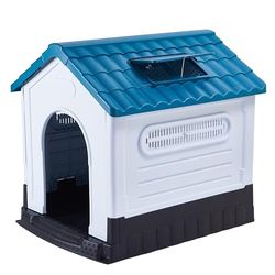 Lanco - Cuccia per Cani di Piccola Taglia con Tetto Scorrevole Regolabile. Uso interno ed esterno con ventilazione. Materiale resistente. 68x55x66 cm. Blu e bianco.