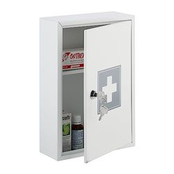 Relaxdays Armadietto Pronto Soccorso per Medicinali, Cassetta con Chiusura di Sicurezza, 32 x 21,5 x 8 cm, Bianco Grigio, Ferro