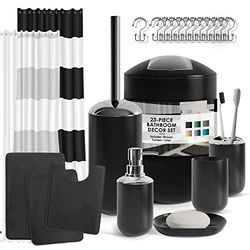 Clara Clark Ensemble d'accessoires de Salle de Bain, Rideau de Douche et Tapis, 23 pièces, Rideau de Douche avec Doublure, Distributeur de Savon, Porte-Savon, Porte-Brosse WC et Poubelle, Noir