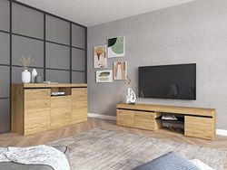 Skraut Home - Set Naturale woonkamer eetkamer, bijzetmeubelen, buffet-TV-meubel 160cm Eik Zwart Nordic