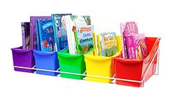 Storex Large Book Bins, Set of 5, Metal Shelf Rack Included, Assorted Colors (71125U01C)