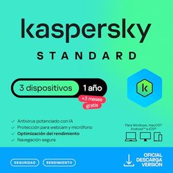Kaspersky Standard Anti-Virus 2025 | 3 dispositivos | 1 Año +3 Meses Gratis | Seguridad Avanzada | Protección Bancaria en línea | Optimización del rendimiento | PC/Mac/Móvil | Código por email