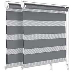 VOUNOT Set of 2 Zebra Roller Blind Double Fabric, Day and Night Translucent or Blackout Vision Curtains, No Drilling for Window and Door, Grey, 100 x 150 cm