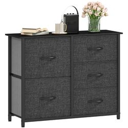 DWVO Ladecommode, stoffen commode slaapkamerkast met 5 laden, dressoir voor slaapkamer, woonkamer met handgrepen, houten bovenkant en stevig stalen frame, zwart grijs